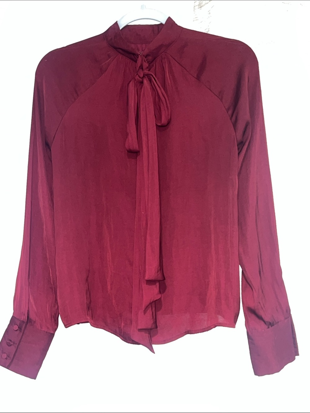 Who What Wear Burgundy Tie-Neck Long Sleeve Blouse High Neck Button Sleeve XS